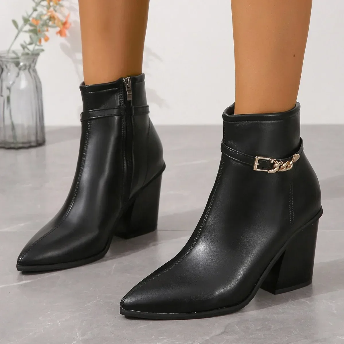 vJnEWomen s High Heels Short Boots 2023 Autumn New Belt Buckle Ankle Boots Female Fashion Waterproof