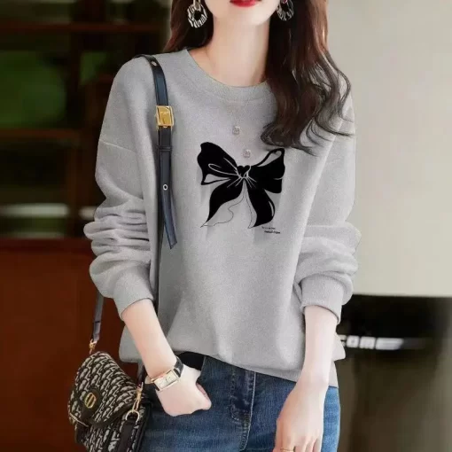 vNA7Spring Autumn Bow Printing Loose Casual Cotton Sweatshirt Ladies Simple All match Pullover Top Women Comfortable