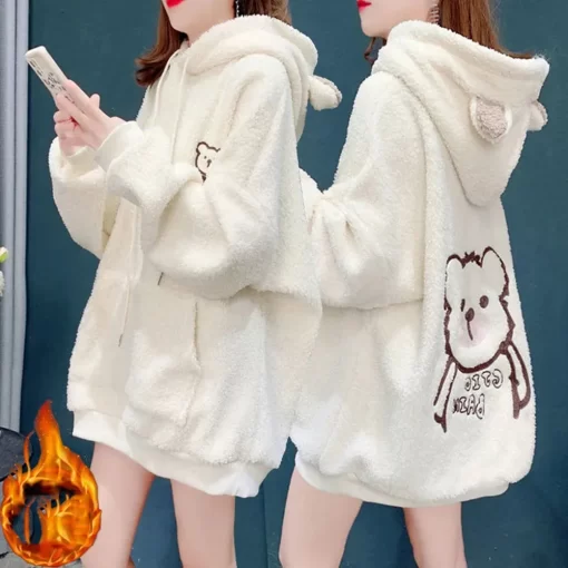vSv8Autumn Winter Lamb Hoodies Women Kawaii Plush Sweatshirt Jacket Casual Warm Hooded Ear Female Cute Bear