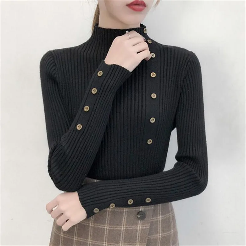 vd4j2023 Women Autumn Knitted Slim Sweaters Solid Knitted Female Cotton Soft Elastic Color Pullovers Button Full