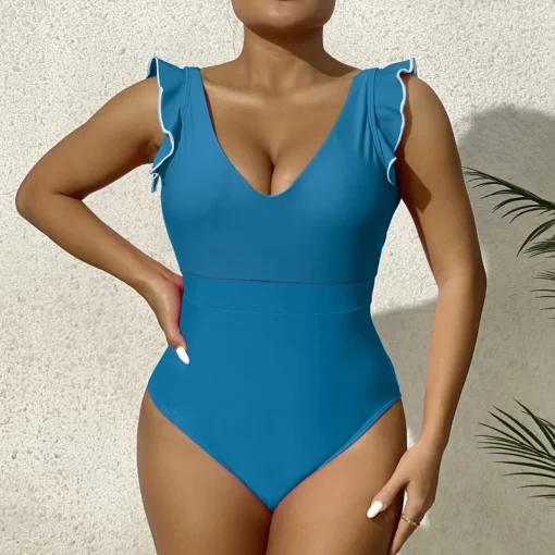 vsVvSwimwear One Piece Swimsuit Women 2023 New Sexy Ruffle Deep V neck Bathing Suit Solid Beach