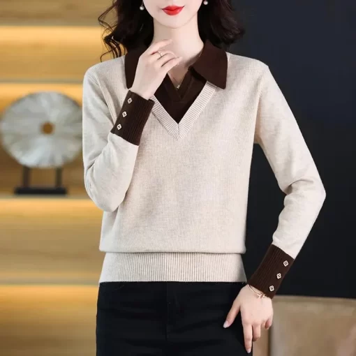 xUzPFashion Original Autumn New Fake Two Piece Polo Neck Sweater Women s Contrast Button Loose Simple