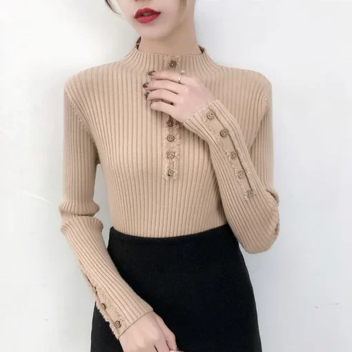 xmYDWomen Turtleneck Winter Basic Sweaters 2023 Fashion Long Sleeve Button Pullovers Korean Clothes Sexy White Black