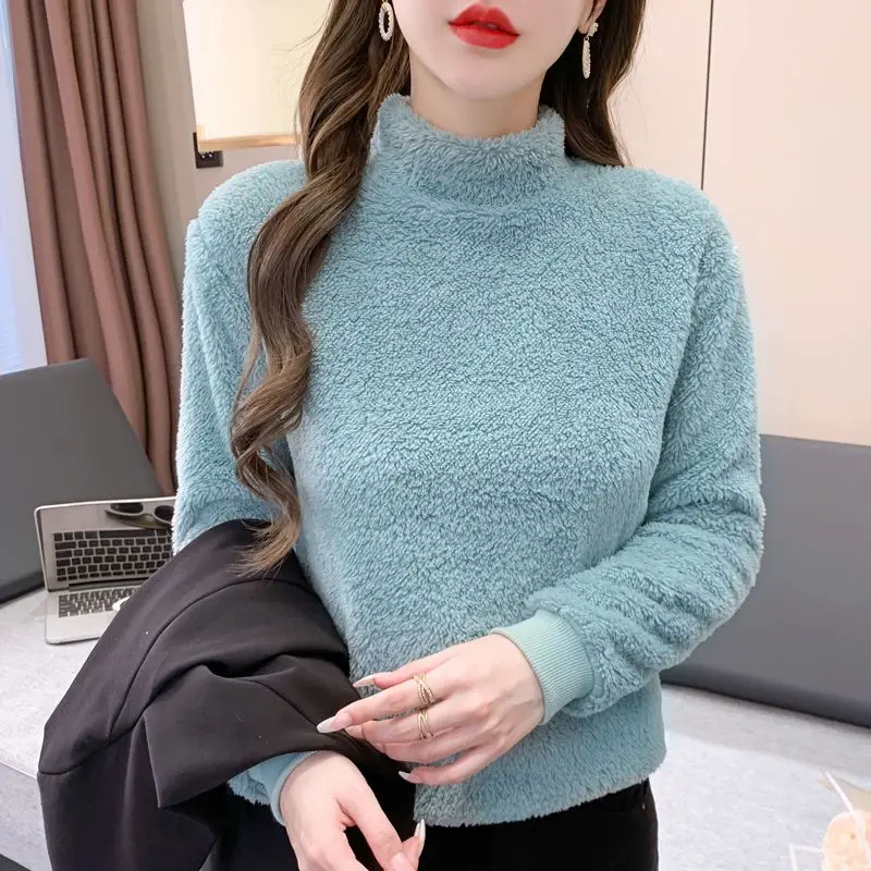 xqb3Fashion Stand Collar All match Solid Color Blouses Women s Clothing 2023 Winter Loose Korean Pullovers