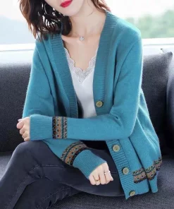 ylWBWTEMPO Spring Autumn Solid Color Women s Knitted Cardigan Long Sleeve Korean Loose V Neck Button