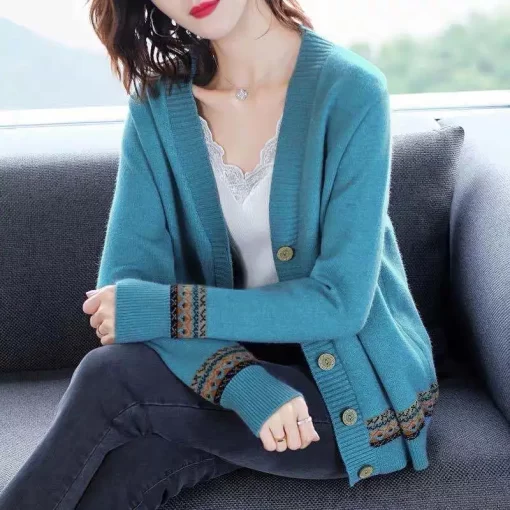 ylWBWTEMPO Spring Autumn Solid Color Women s Knitted Cardigan Long Sleeve Korean Loose V Neck Button
