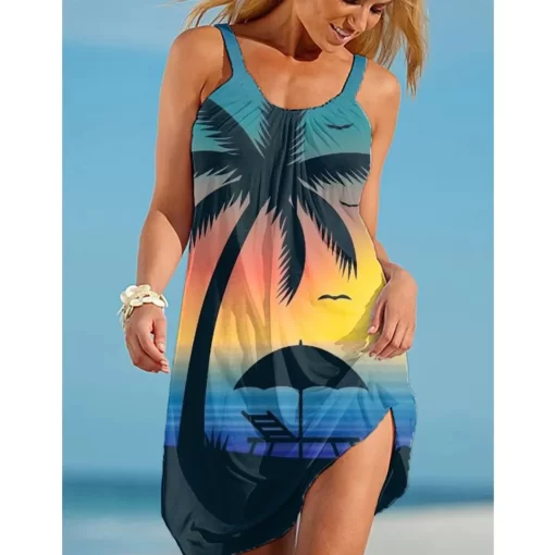 04IqTropic Beach Dress Womens Fashion Bohemian Sexy Strap Dress Party Evening Dresses Sleeveless Hem Knee length