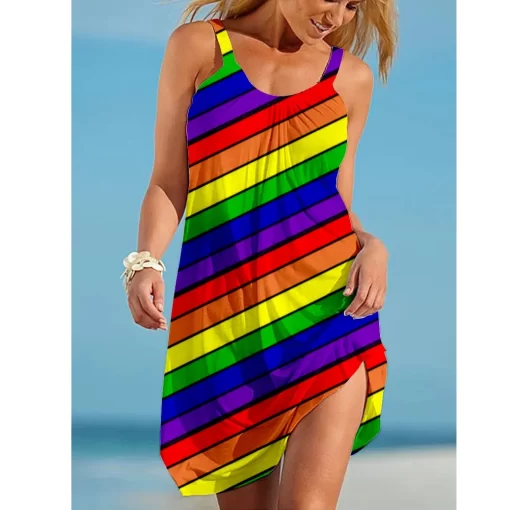 06LKRainbow print gorgeous dress Bohemian beach dress Women s party dress Slim fit knee length dress