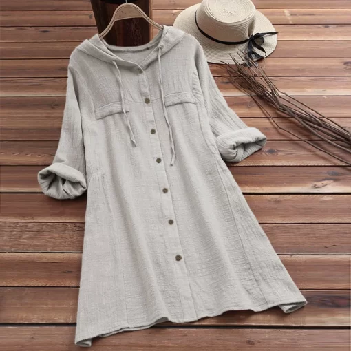 091lWomen Blouses Vintage Cotton Linen Button Shirts Summer Long Sleeve Casual Hooded Tops And Blouses Plus