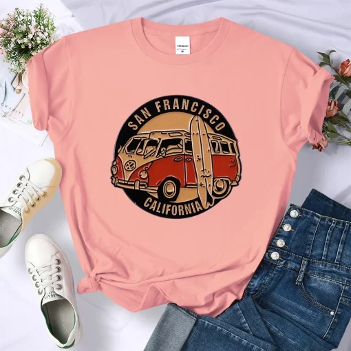0vT6San Francisco California Vintage School Bus Print T shirt Women Street Breathable Tops Loose Short Sleeve
