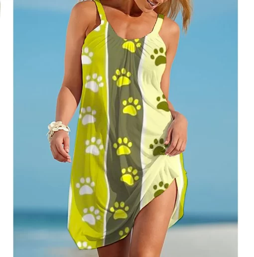 19izSummer Dog Paw Boho Sexy Beach Dress 3D Print Women Sleeveless Dresses Hawaii Casual Vintage Beachwear
