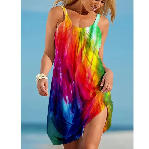1P0TRainbow print gorgeous dress Bohemian beach dress Women s party dress Slim fit knee length dress