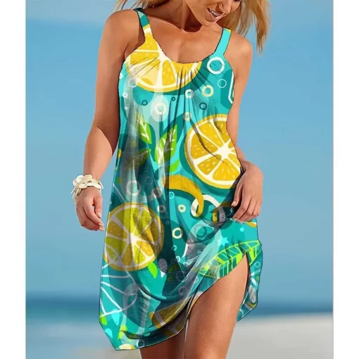 1V8yWomen O Neck Sleeveless Dress Boho Solid Beach Sundress Tropical Fruit Print Fashion Sexy Beach Casual