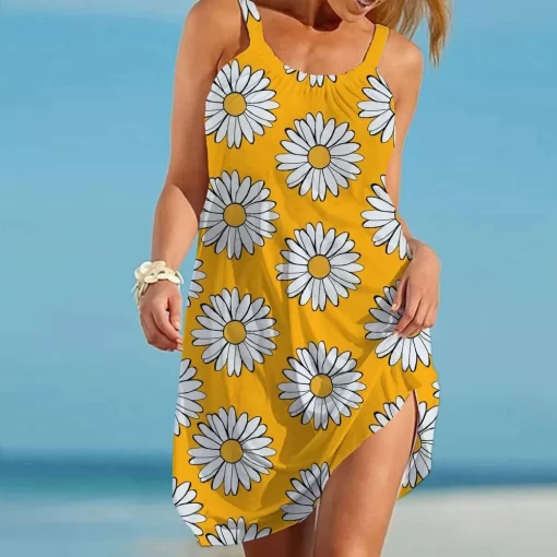 1i2QSummer Sunflower Beach Dress for Women 3D Print Vacation Party Sundress Ladies Casual Sleeveless Beachwear Female