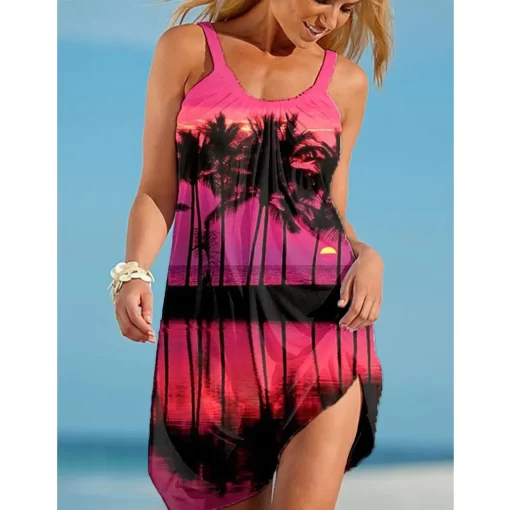 1iZpTropic Beach Dress Womens Fashion Bohemian Sexy Strap Dress Party Evening Dresses Sleeveless Hem Knee length
