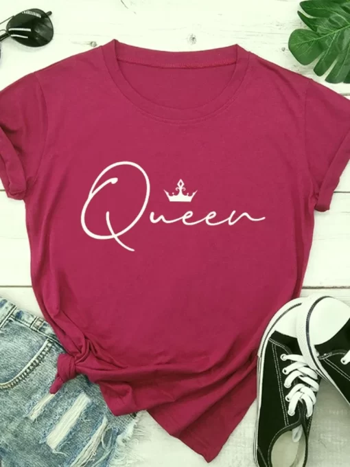 2Jvs8 Colors Crown Queen Letter Print T Shirt Women Short Sleeve O Neck Loose Tshirt Summer