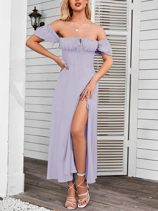 2QL2NewAsia Sweet Puff Sleeve Long Dresses Y2K Off Shoulder Cut Out Tie Up Side Split Ruched