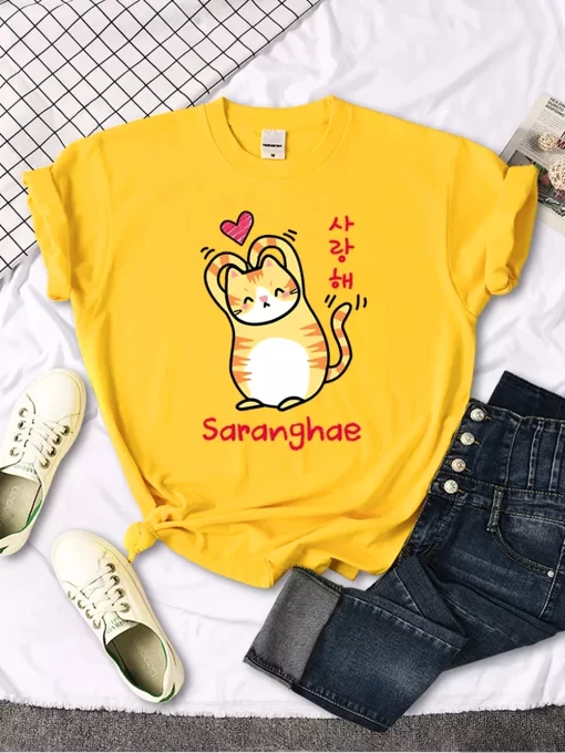 2QZWThan A Heart Little Orange Cat Cute Print T Shirt Women Kawaii Cartoon Graphic Clothes Female