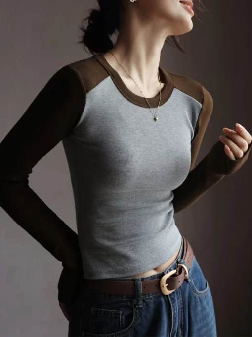 2S2l2024 Spring and Autumn New Round Neck Contrast Raglan Bottoming Shirt Women Clothes Wear Slim Long