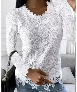 2SlbSummer Fashion Woman Pulovers Blouses Lace Hollow Out Long Sleeves Solid T shirt Korean Style Star
