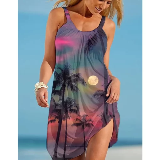 2t9TTropic Beach Dress Womens Fashion Bohemian Sexy Strap Dress Party Evening Dresses Sleeveless Hem Knee length