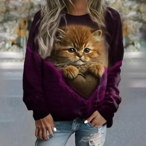 3FI3Women s Hoodie Cotton Sweatshirts Pullover Tops Fashion Kitten Print Long Sleeve Hoodies Girls Cute Casual