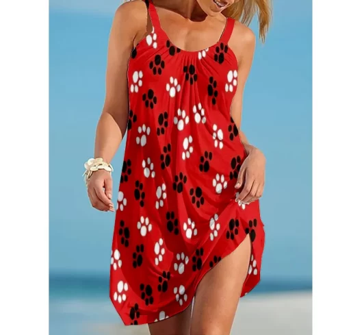 3kNjSummer Dog Paw Boho Sexy Beach Dress 3D Print Women Sleeveless Dresses Hawaii Casual Vintage Beachwear