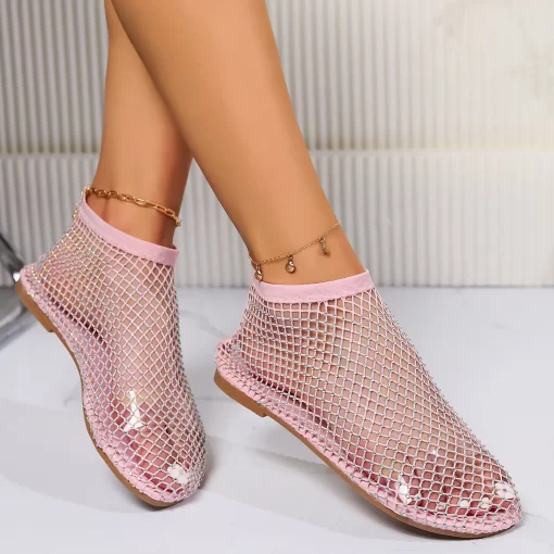 3l9aWomen s New Luxury Brand Round Toe Flat Bottom Sandals Hollow Short Boots Water Diamond Sexy