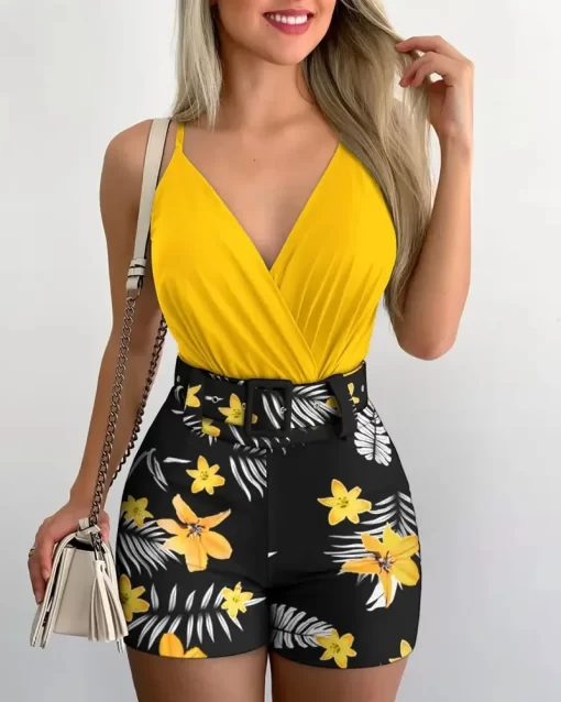 4Ni3Fashion Summer Women s Two piece Beach Suit Sexy Slim Short Top Shorts Printing Casual Suspenders