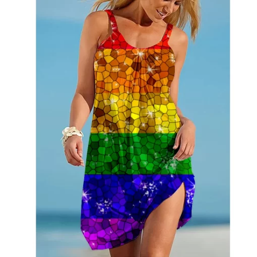 4X9ORainbow print gorgeous dress Bohemian beach dress Women s party dress Slim fit knee length dress