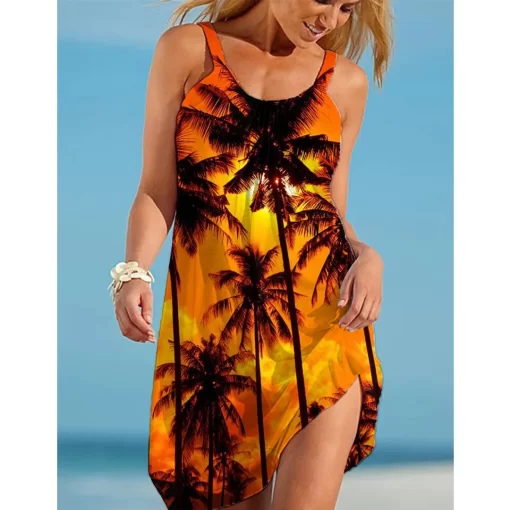 4rwqTropic Beach Dress Womens Fashion Bohemian Sexy Strap Dress Party Evening Dresses Sleeveless Hem Knee length