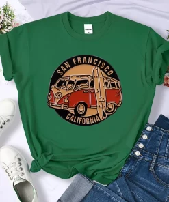 53l5San Francisco California Vintage School Bus Print T shirt Women Street Breathable Tops Loose Short Sleeve