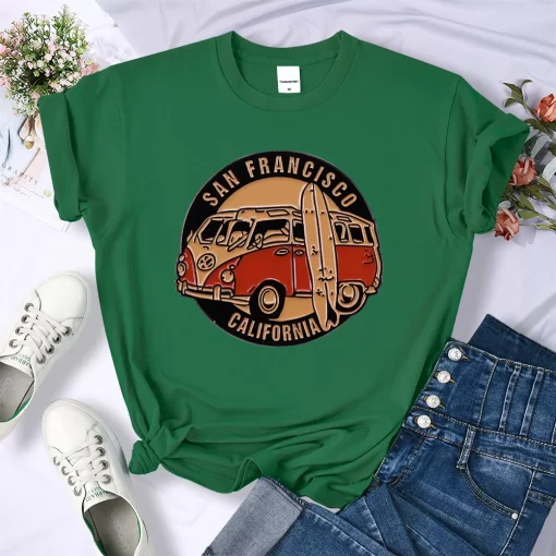 53l5San Francisco California Vintage School Bus Print T shirt Women Street Breathable Tops Loose Short Sleeve