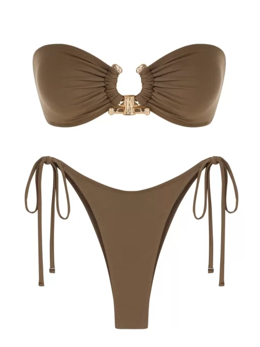 5qiKZAFUL Solid O Ring Swimsuit For Women Tie Side Shiny Metal Hardware Ring Bandeau Bikini Swimwear