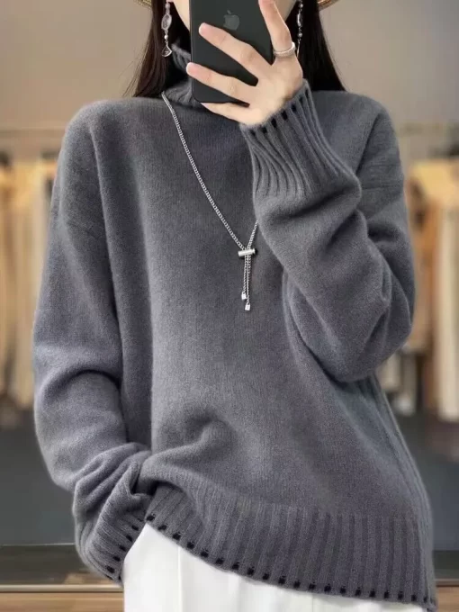 68wa100 Pure Wool Cashmere Sweater Women s 2023 Autumn Winter New Turtleneck Pullover Fashion Loose Large