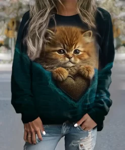 6ABuWomen s Hoodie Cotton Sweatshirts Pullover Tops Fashion Kitten Print Long Sleeve Hoodies Girls Cute Casual