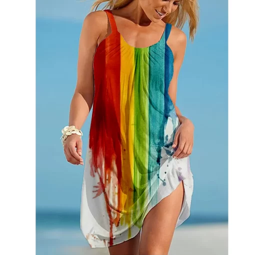 6EXvRainbow print gorgeous dress Bohemian beach dress Women s party dress Slim fit knee length dress