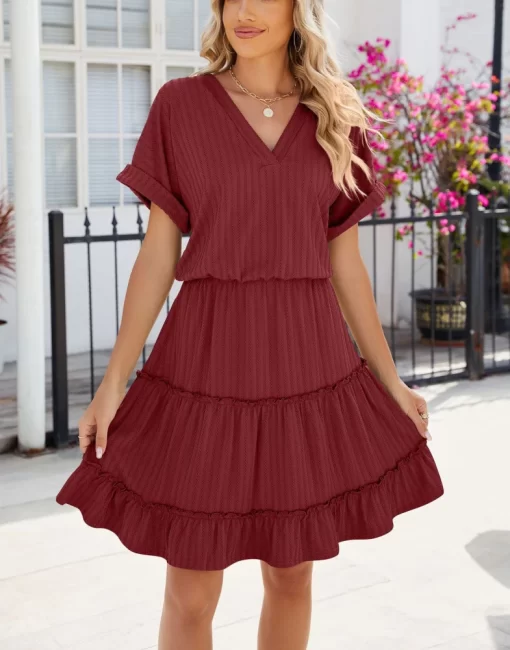 6eEVWomen Summer Short Sleeves Dress Elegant V Neck Simple Solid Color Beach Dress Elastic Waist Patchwork