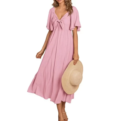 6l59Women Midi Dress Elegant V Neck Summer Dress with Bow Detail A line Silhouette Breathable Fabric