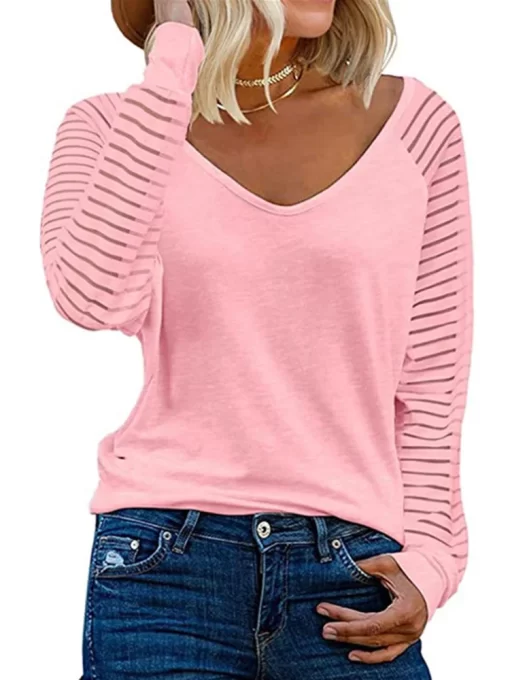 6mfhWomen Long Sleeve Striped T Shirts Female Fashion Casual Loose Soild Color Tops Spring Autumn V