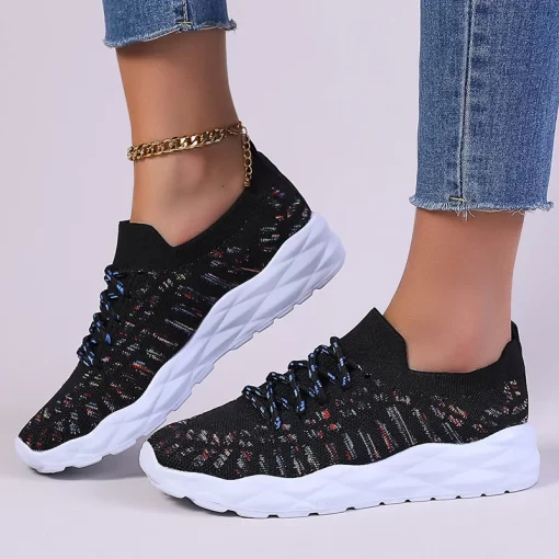 7LO4Lucyever Colorful Knitted Sneakers for Women Autumn Breathable Thick Bottom Sports Shoes Woman Slip On Walking