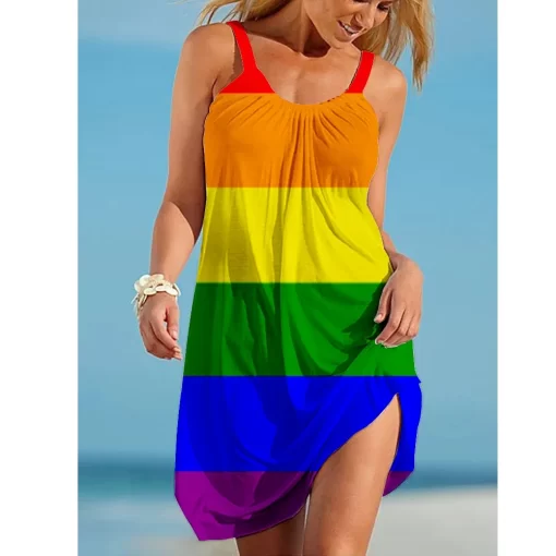 7gzmRainbow print gorgeous dress Bohemian beach dress Women s party dress Slim fit knee length dress