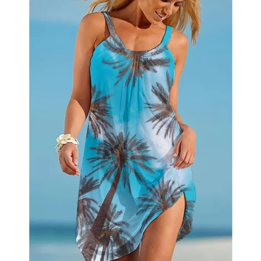 8BScTropic Beach Dress Womens Fashion Bohemian Sexy Strap Dress Party Evening Dresses Sleeveless Hem Knee length