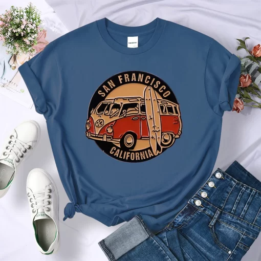 91s6San Francisco California Vintage School Bus Print T shirt Women Street Breathable Tops Loose Short Sleeve