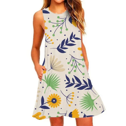 9ExJSummer New Women s Dresses Beach Casual Pineapple Printed Sleeveless Short Dress Round Neck Breathable Elastic