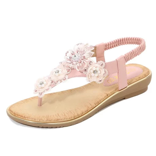 9WhJ2024 Women Flower Rhinestone Flat Sandals Low Heel Wedges Summer Woman Open Toe Flip Flops Sandalias