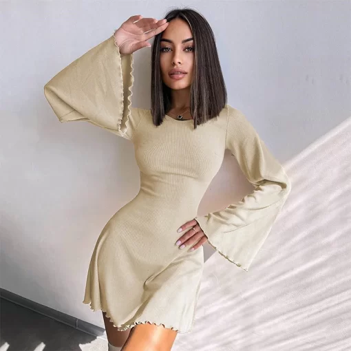 9fRBSexy Dresses Nightclub Mini Short Party Dress Women Back Bandage O Neck A Line Flare Sleeves