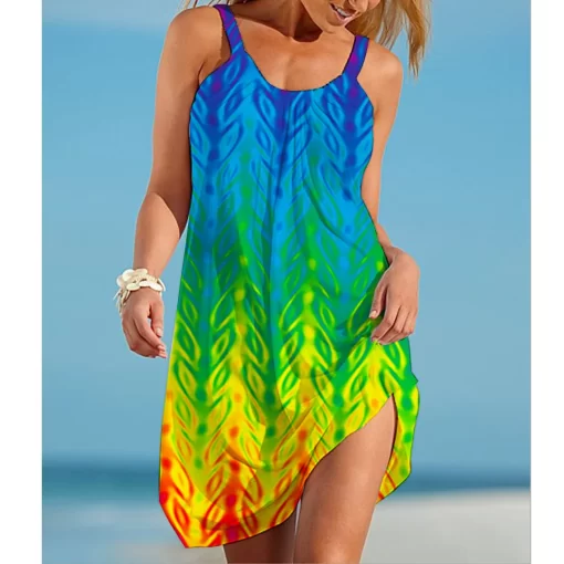 9hPwRainbow print gorgeous dress Bohemian beach dress Women s party dress Slim fit knee length dress