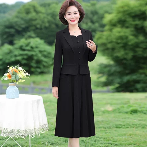 9mmDWomen Autumn Dress Femme Fashion Solid Suit Collar Office Long Sleeve A line Party Knee length