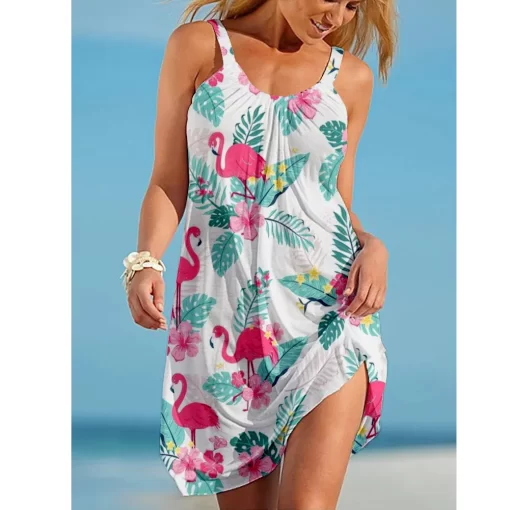 9zkEFlamingo Print 3D Girl Midi Dress Bohemian Beach Dress Women Party Dress Slim Fit Knee Length